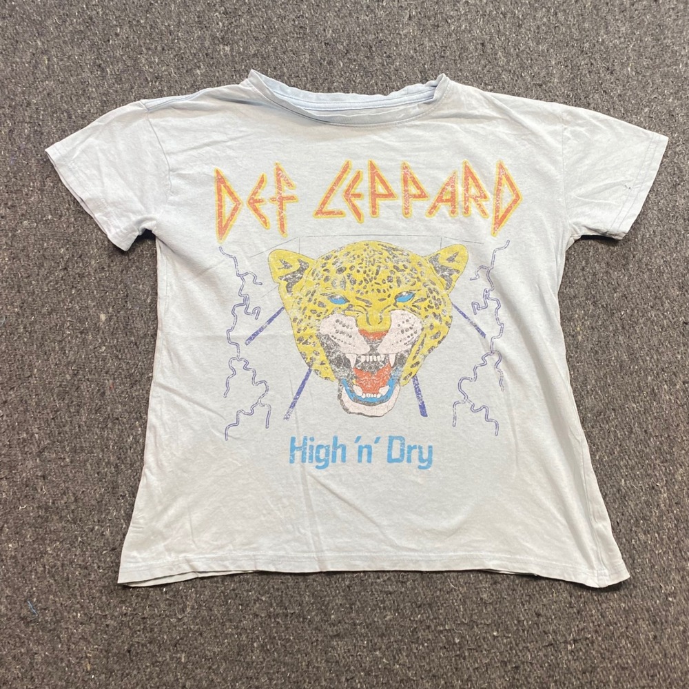 Def Leppard High n Dry TShirt Sz XS Womens Light Blue Grunge Rock Graphic Tee